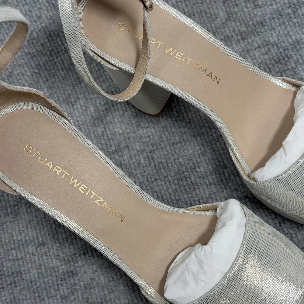 Stuart Weitzman Size-8.5B Sabrina Platform Linen Leather Shimmer Beige $575